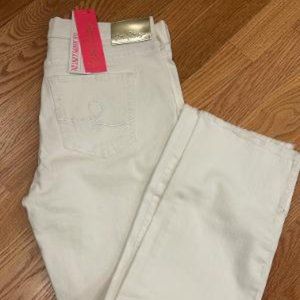 Lilly Pulitzer Nolynn High Rise jean in Resort White-split fringe bottom detail